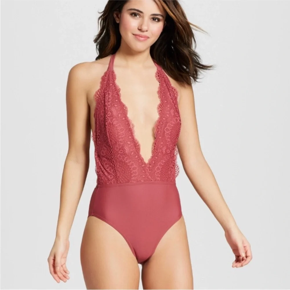 NWT Xhilaration Halter Tie Dusty Rose One Piece Lace Top